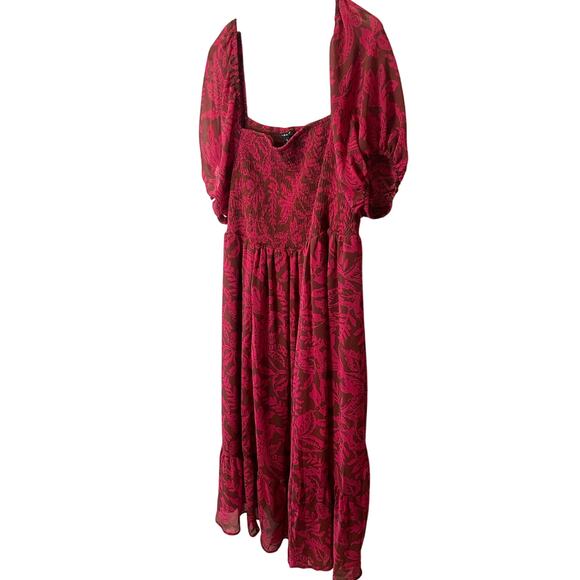 Torrid Cottage Core Smocked Bust Puff Sleeve Red Floral Midi Dress Size 2 (2X) - Picture 2 of 13
